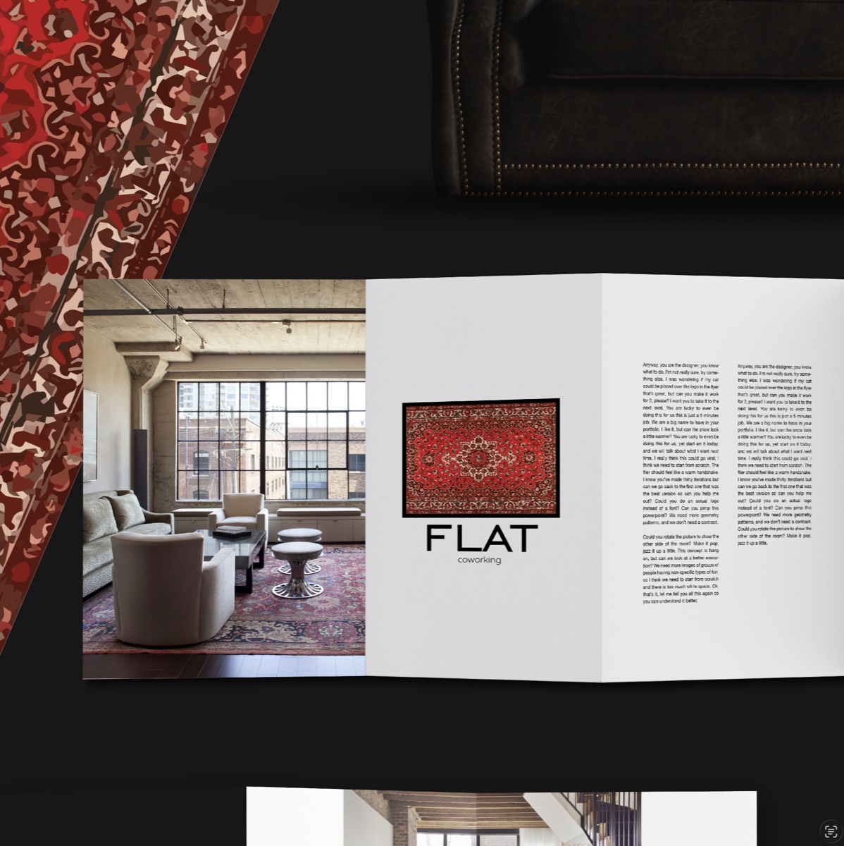 Разворот каталога Flat с красным ковром и снимком интерьера